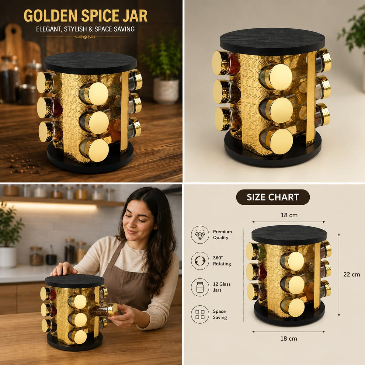Golden Spice Jar – 12 Jar 360° Rotating Spice Organizer