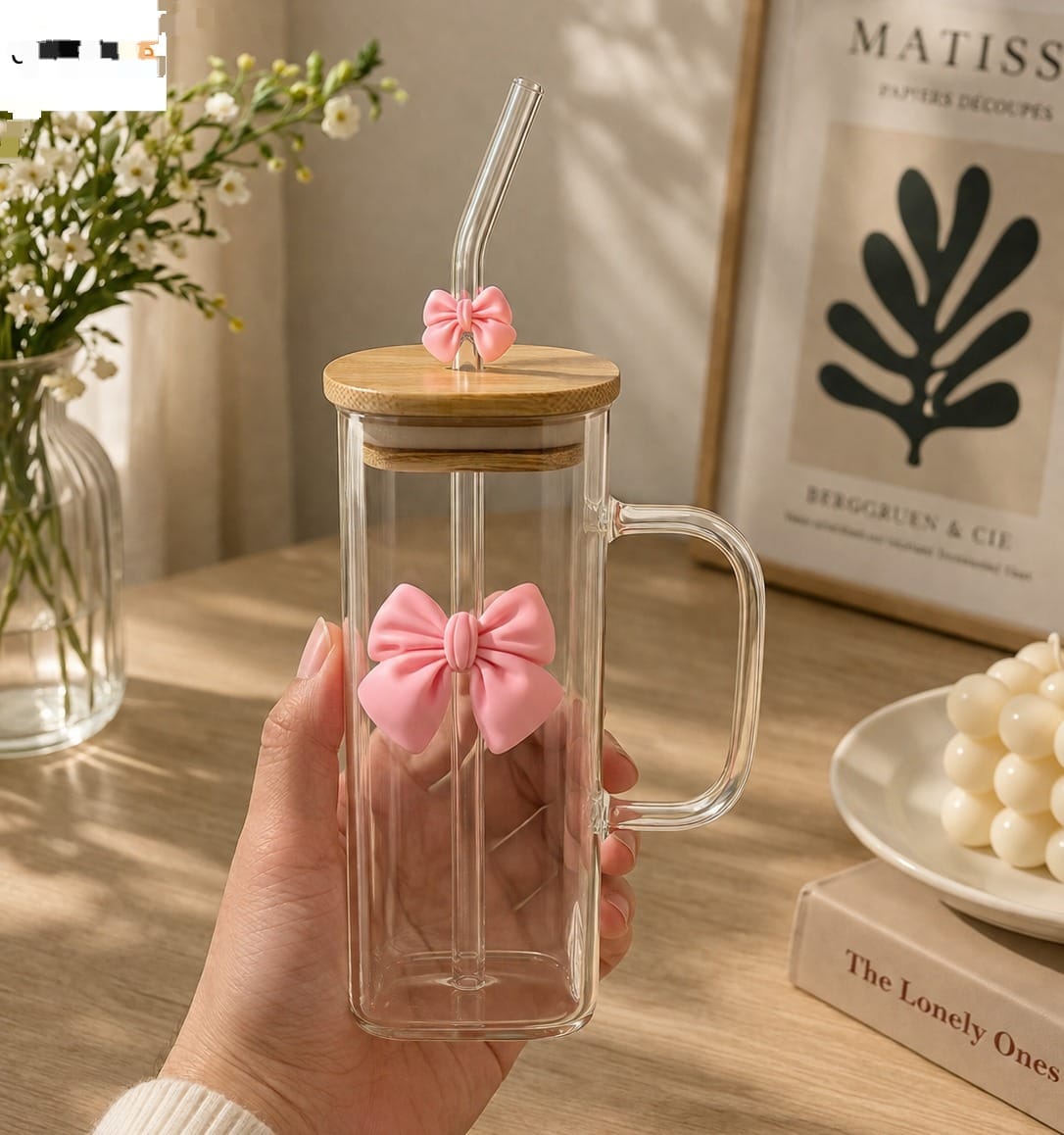 Cute Bow Glass Tumbler with Bamboo Lid & Glass Straw – Aesthetic Coffee Mug with Handle (500ml)
