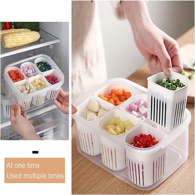 6-Grid Refrigerator Storage Container with Lid – Multi-Compartment Food Organizer Box for Vegetables, Fruits & Meal Prep