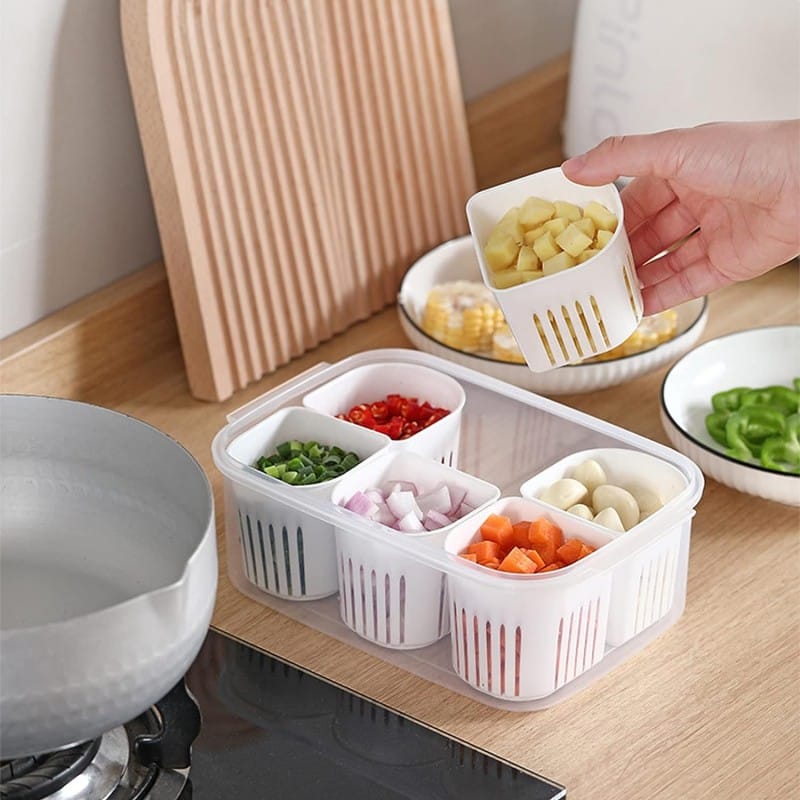 6-Grid Refrigerator Storage Container with Lid – Multi-Compartment Food Organizer Box for Vegetables, Fruits & Meal Prep