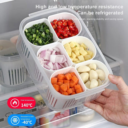6-Grid Refrigerator Storage Container with Lid – Multi-Compartment Food Organizer Box for Vegetables, Fruits & Meal Prep