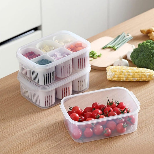 6-Grid Refrigerator Storage Container with Lid – Multi-Compartment Food Organizer Box for Vegetables, Fruits & Meal Prep