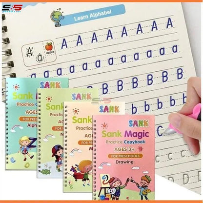 4 Books Magic Practice Copybook Set with Magic Pen & 10 Refills – Reusable Handwriting Workbook for Kids (Ages 3+)