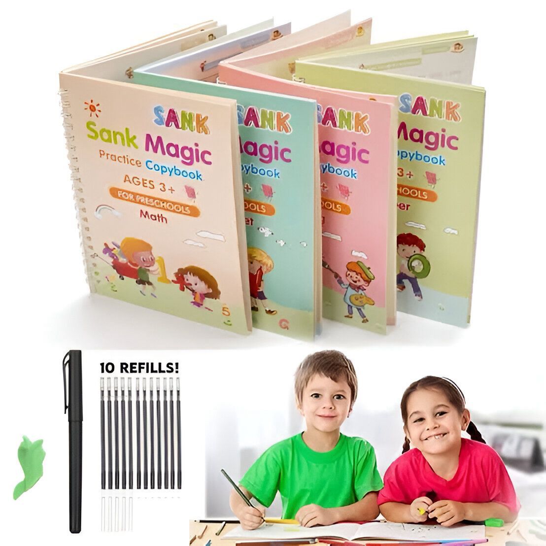 4 Books Magic Practice Copybook Set with Magic Pen & 10 Refills – Reusable Handwriting Workbook for Kids (Ages 3+)
