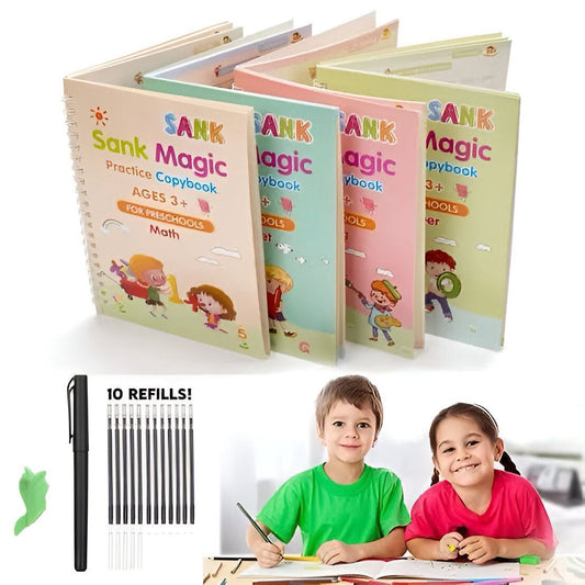 4 Books Magic Practice Copybook Set with Magic Pen & 10 Refills – Reusable Handwriting Workbook for Kids (Ages 3+)