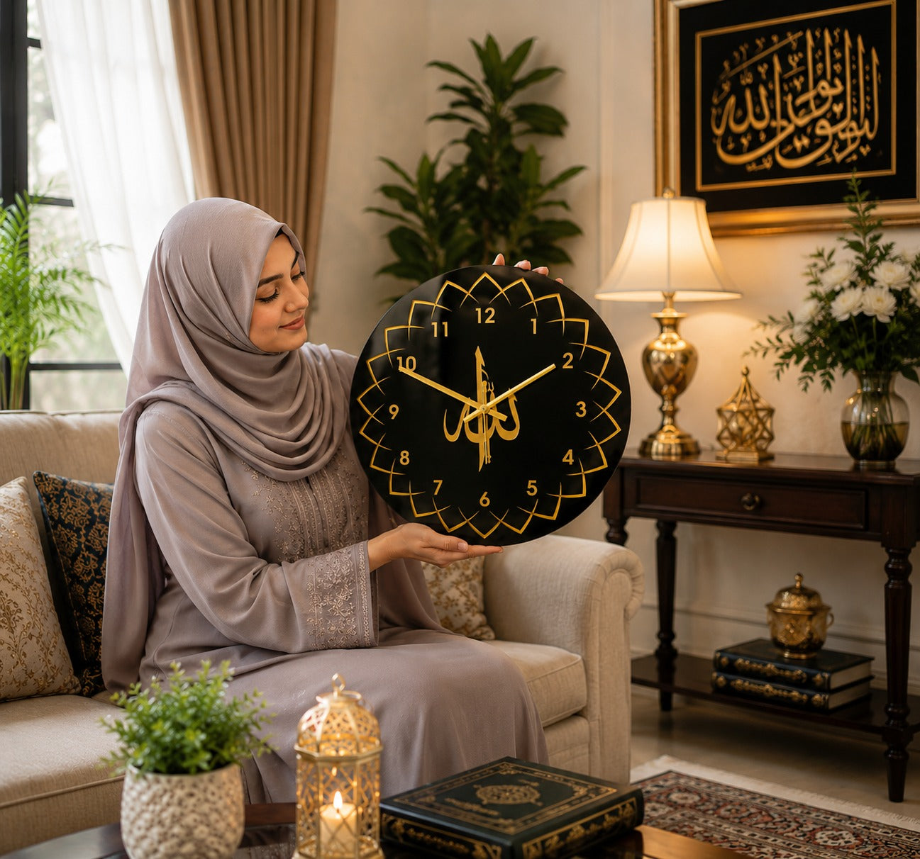 Islamic Allah Wall Clock – Modern Silent Decorative Wall Clock for Home & Office (White & Gold)