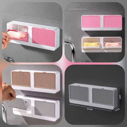 Wall Mounted Double Soap Holder with Drain Tray | Waterproof Self-Adhesive Soap Storage Box