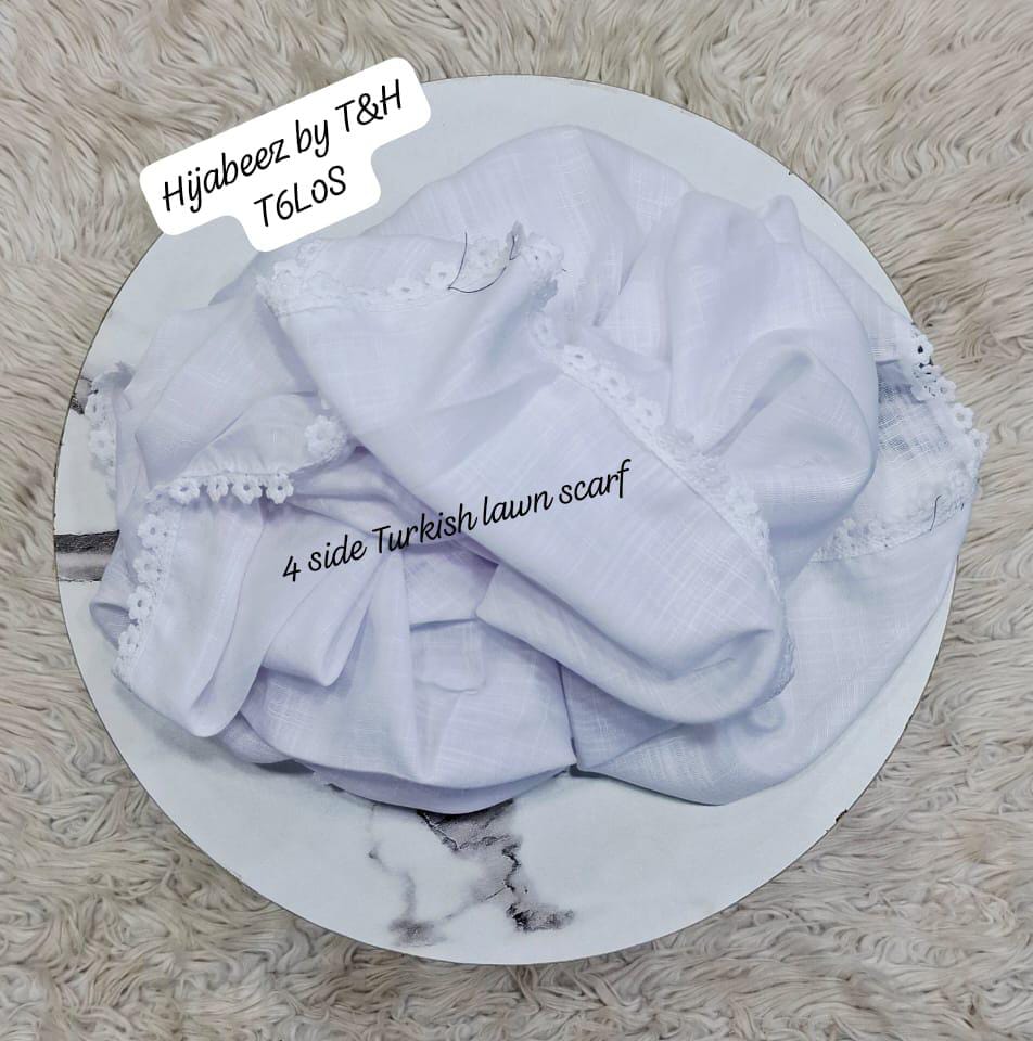 Premium 4-Side Lace Turkish Lawn Hijab Scarf – Soft & Breathable Hijab for Women