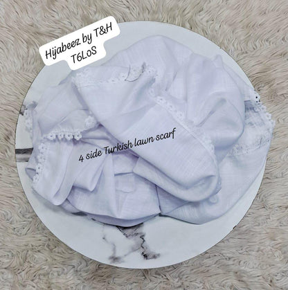 Premium 4-Side Lace Turkish Lawn Hijab Scarf – Soft & Breathable Hijab for Women