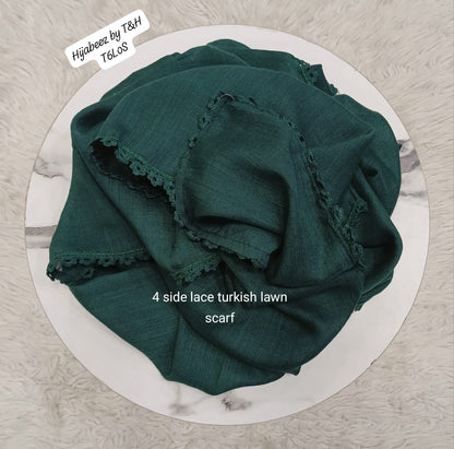 Premium 4-Side Lace Turkish Lawn Hijab Scarf – Soft & Breathable Hijab for Women