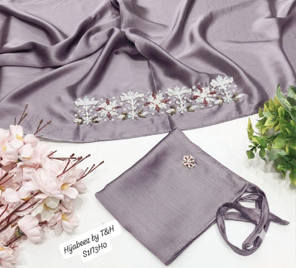 Premium Hand Embellished Chiffon Hijab with Matching Underscarf – Elegant Pearl & Crystal Designer Hijab Set