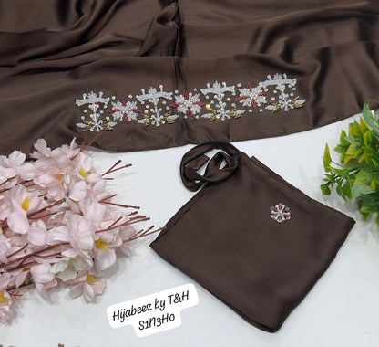 Premium Hand Embellished Chiffon Hijab with Matching Underscarf – Elegant Pearl & Crystal Designer Hijab Set