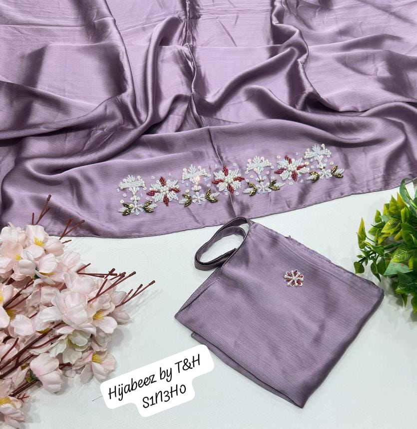 Premium Hand Embellished Chiffon Hijab with Matching Underscarf – Elegant Pearl & Crystal Designer Hijab Set