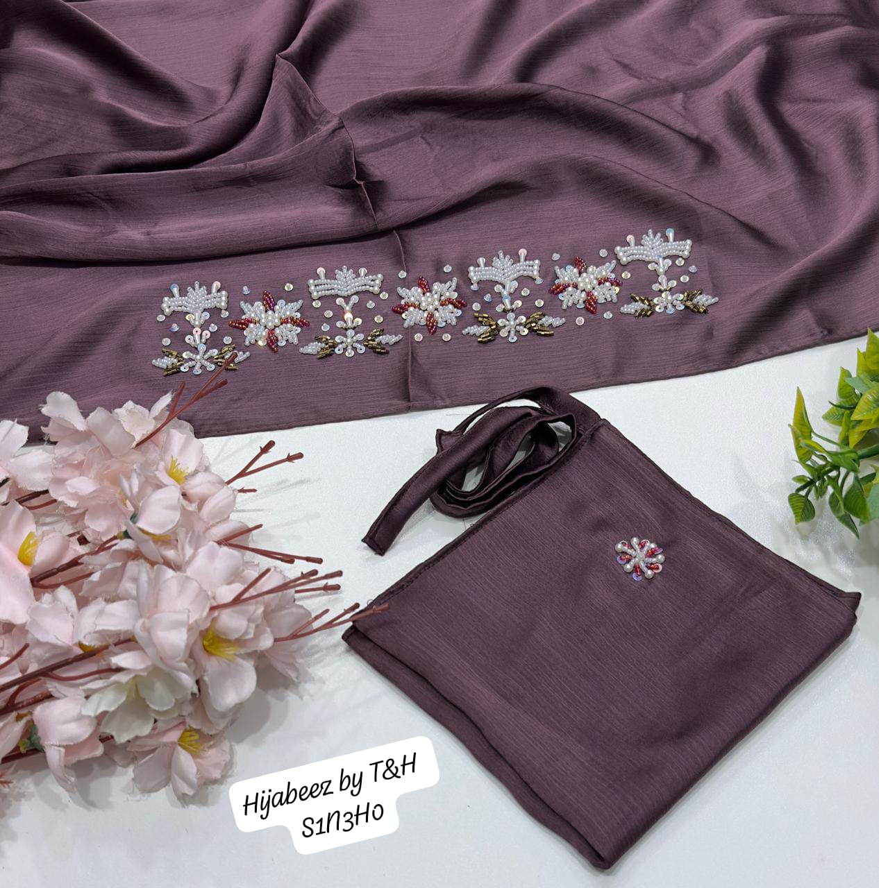 Premium Hand Embellished Chiffon Hijab with Matching Underscarf – Elegant Pearl & Crystal Designer Hijab Set