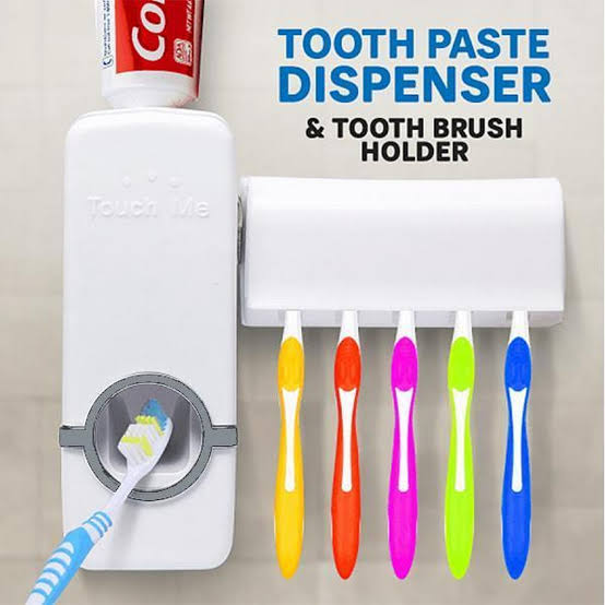 Automatic Wall-Mounted Toothpaste Dispenser with 5-Slot Toothbrush Holder – No-Drill Bathroom Organizer