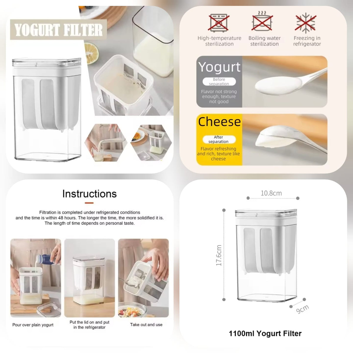 Multi-Purpose 1100ML Greek Yogurt Maker and Beverage Strainer