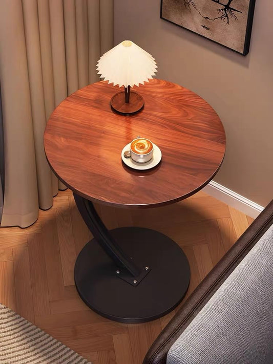 Modern C-Shaped Side Table with Waterproof Wooden Top & Sturdy Iron Base – 40cm