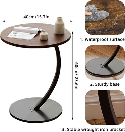 Modern C-Shaped Side Table with Waterproof Wooden Top & Sturdy Iron Base – 40cm