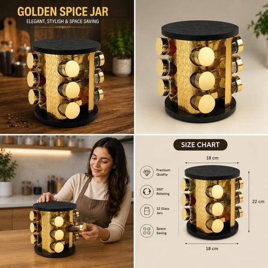 Golden Spice Jar – 12 Jar 360° Rotating Spice Organizer