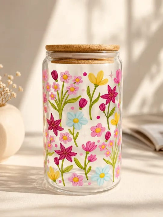 Floral Glass Tumbler with Bamboo Lid & Reusable Straw – Aesthetic Iced Coffee Cup (500ml)