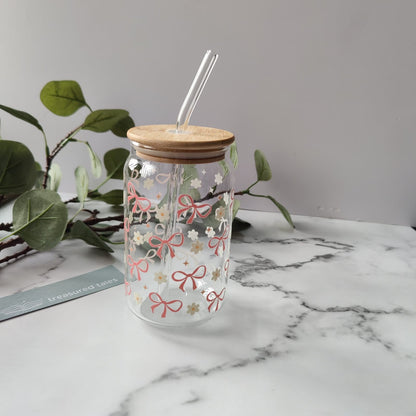 Floral Glass Tumbler with Bamboo Lid & Reusable Straw – Aesthetic Iced Coffee Cup (500ml)
