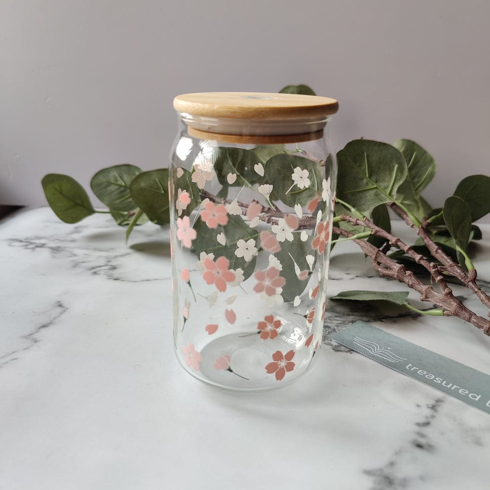Floral Glass Tumbler with Bamboo Lid & Reusable Straw – Aesthetic Iced Coffee Cup (500ml)