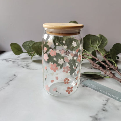 Floral Glass Tumbler with Bamboo Lid & Reusable Straw – Aesthetic Iced Coffee Cup (500ml)