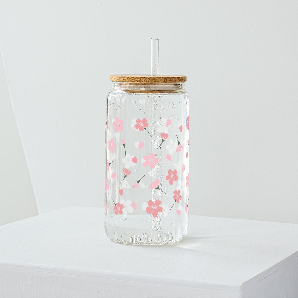 Floral Glass Tumbler with Bamboo Lid & Reusable Straw – Aesthetic Iced Coffee Cup (500ml)