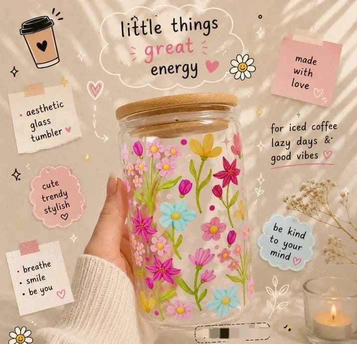 Floral Glass Tumbler with Bamboo Lid & Reusable Straw – Aesthetic Iced Coffee Cup (500ml)