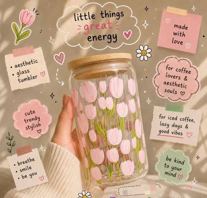 Floral Glass Tumbler with Bamboo Lid & Reusable Straw – Aesthetic Iced Coffee Cup (500ml)