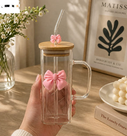 Cute Bow Glass Tumbler with Bamboo Lid & Glass Straw – Aesthetic Coffee Mug with Handle (500ml)