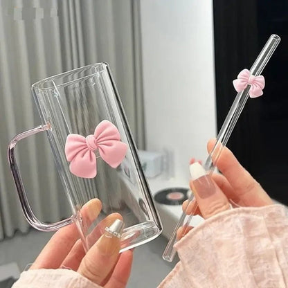 Cute Bow Glass Tumbler with Bamboo Lid & Glass Straw – Aesthetic Coffee Mug with Handle (500ml)