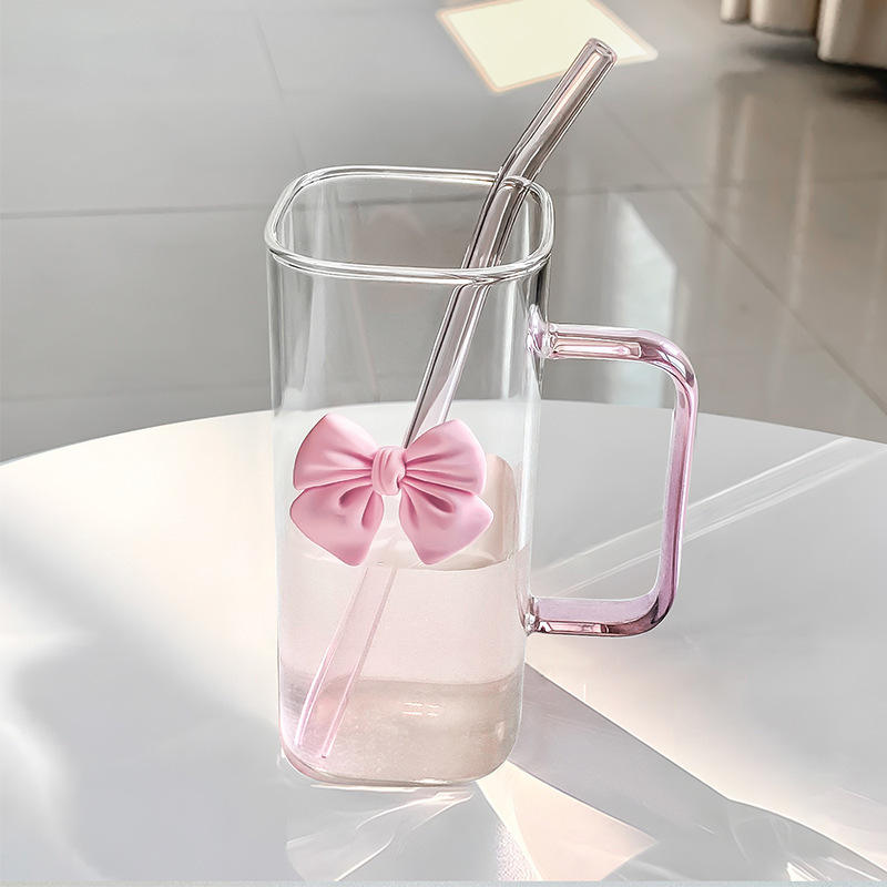 Cute Bow Glass Tumbler with Bamboo Lid & Glass Straw – Aesthetic Coffee Mug with Handle (500ml)