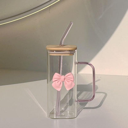 Cute Bow Glass Tumbler with Bamboo Lid & Glass Straw – Aesthetic Coffee Mug with Handle (500ml)