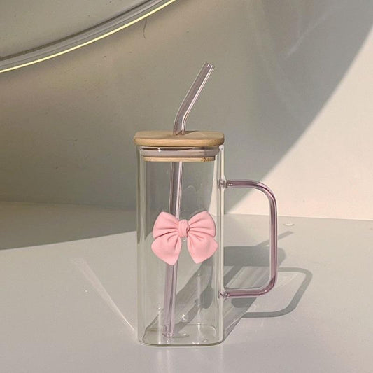 Cute Bow Glass Tumbler with Bamboo Lid & Glass Straw – Aesthetic Coffee Mug with Handle (500ml)