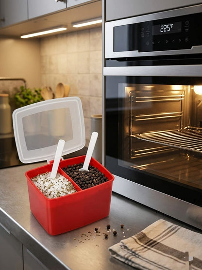 2-Compartment Spice Storage Container with Lid & Spoons | Multi-Purpose Kitchen Seasoning Box