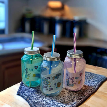 Cute Mason Jar Tumbler with Straw | Reusable Leak-Resistant Drinking Cup for Kids & Adults (500ml)