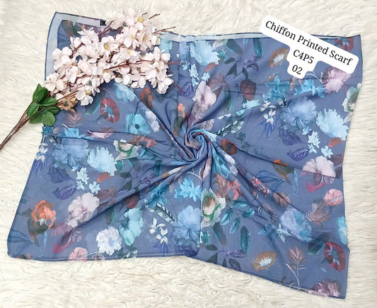 Chiffon Printed Scarf – Elegant Floral & Geometric Design