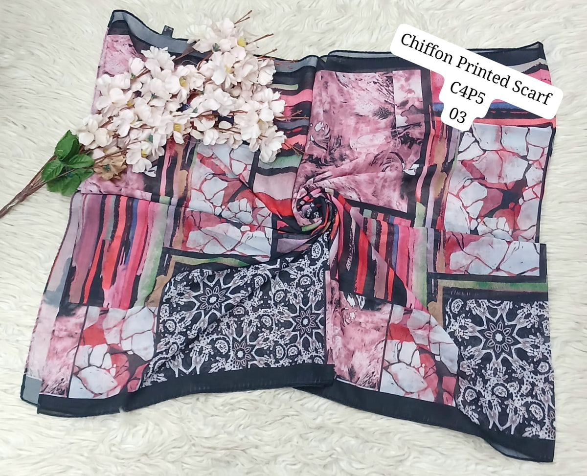 Chiffon Printed Scarf – Elegant Floral & Geometric Design