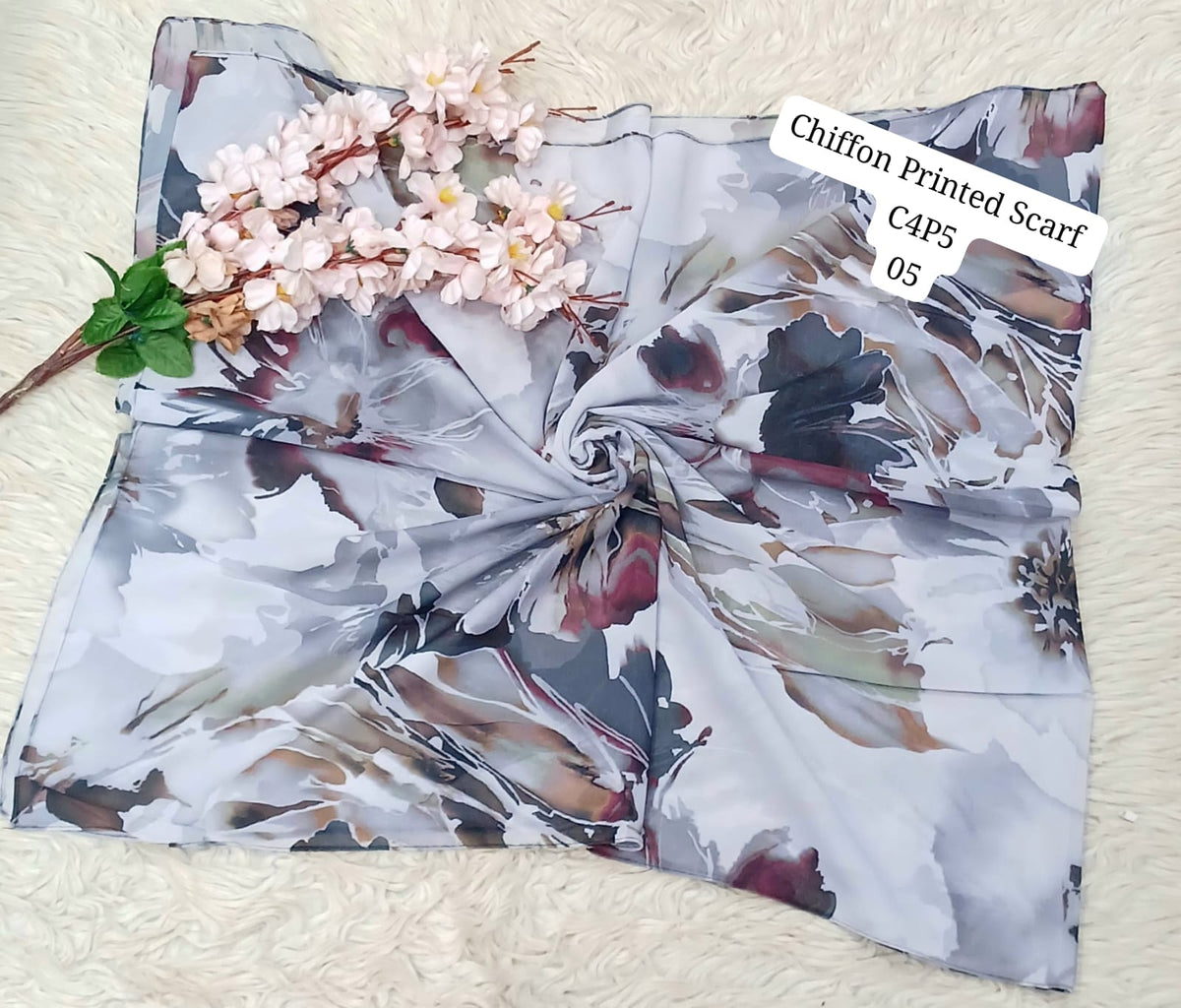 Chiffon Printed Scarf – Elegant Floral & Geometric Design