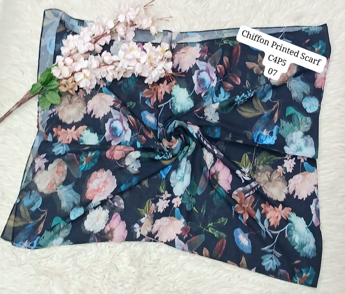 Chiffon Printed Scarf – Elegant Floral & Geometric Design