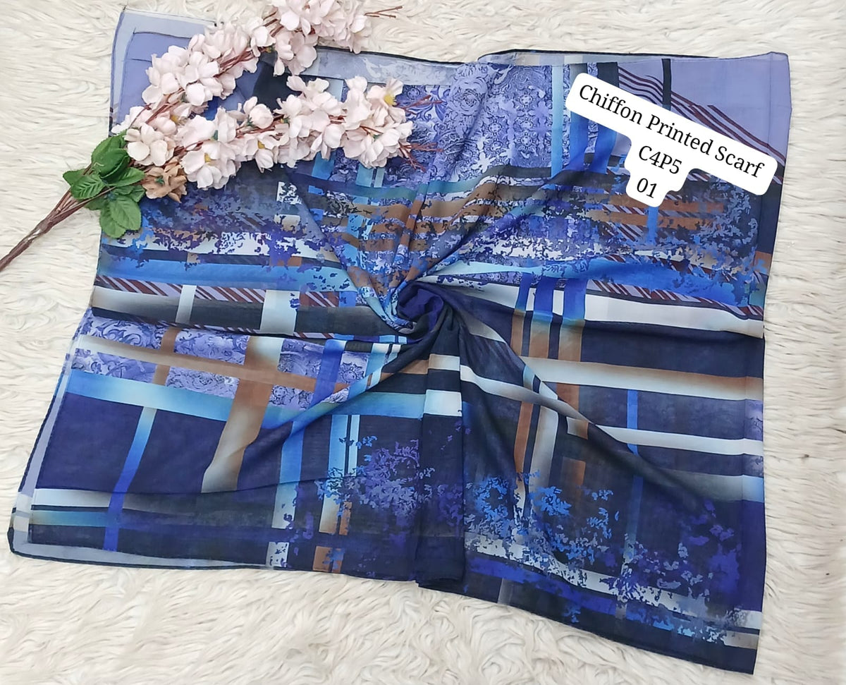Chiffon Printed Scarf – Elegant Floral & Geometric Design