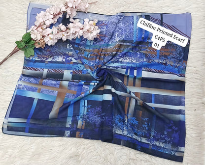 Chiffon Printed Scarf – Elegant Floral & Geometric Design