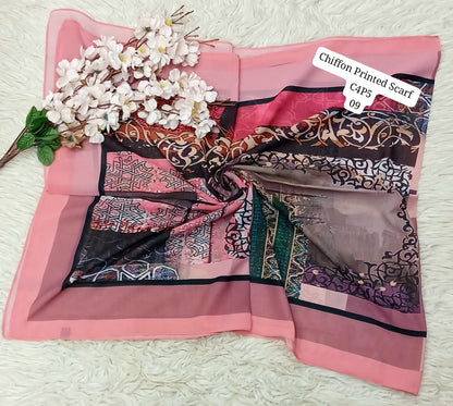Chiffon Printed Scarf – Elegant Floral & Geometric Design