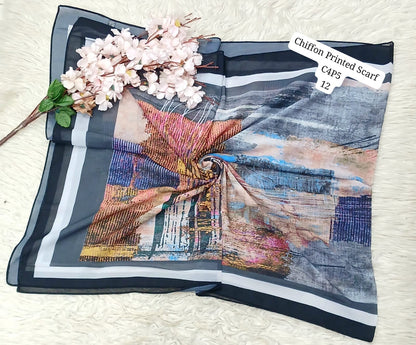 Chiffon Printed Scarf – Elegant Floral & Geometric Design