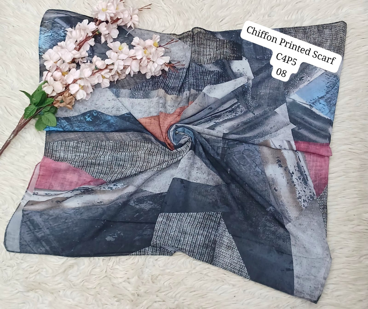 Chiffon Printed Scarf – Elegant Floral & Geometric Design