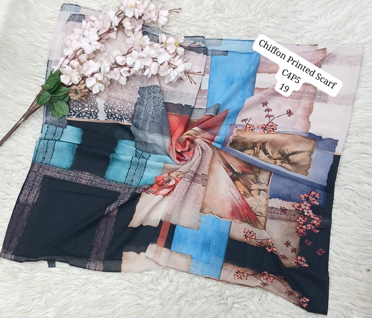 Chiffon Printed Scarf – Elegant Floral & Geometric Design